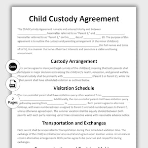 May include: A Child Custody Agreement document, with the title prominently displayed. The document outlines custody arrangements, visitation schedules, and transportation details. Includes Canva and PDF icons, and indicates the document is 2 pages long.