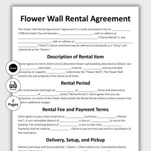 May include: A printed document titled "Flower Wall Rental Agreement" with text fields for details. Includes sections for rental item description, rental period, and payment terms. Features a Canva logo and a PDF icon.