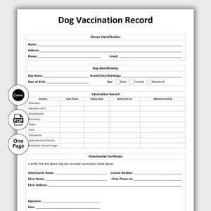 May include: A white Dog Vaccination Record form with black text. The form includes sections for owner and dog identification, vaccination records, and a veterinarian certificate. The Canva and PDF logos are visible.