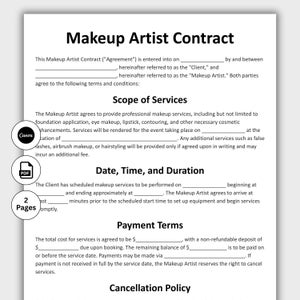 May include: A printable Makeup Artist Contract template. The document includes sections for scope of services, date and time, payment terms, and cancellation policy. The contract is two pages long and includes Canva and PDF icons.