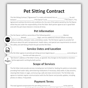 May include: A Pet Sitting Contract template with sections for pet information, service dates, location, scope of services, and payment terms. The document is designed for pet owners and sitters to agree on care details. Includes Canva and PDF icons.