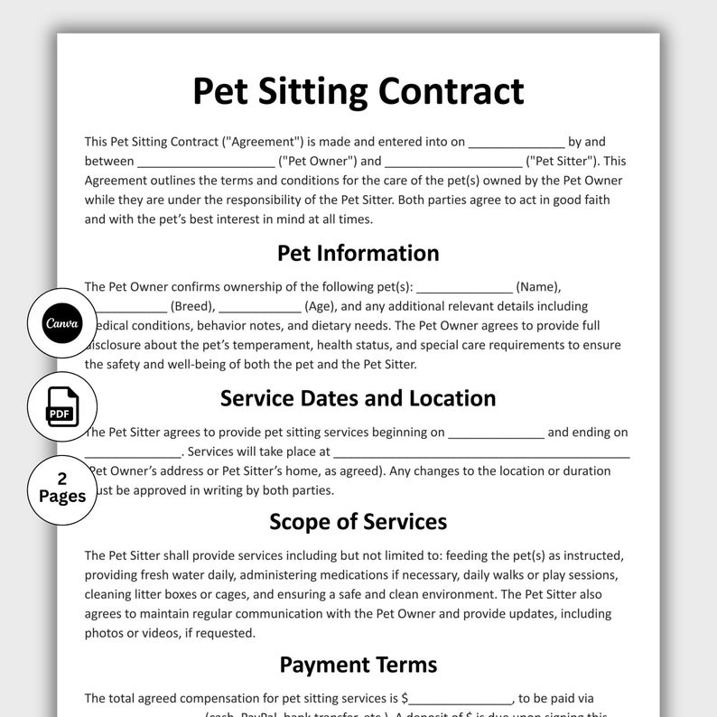 May include: A Pet Sitting Contract template with sections for pet information, service dates, location, scope of services, and payment terms. The document is designed for pet owners and sitters to agree on care details. Includes Canva and PDF icons.