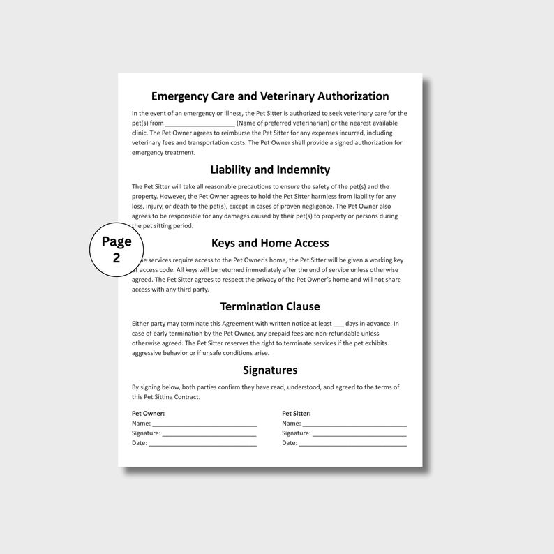 May include: A white document titled "Emergency Care and Veterinary Authorization" with sections on liability, keys, and termination. The document includes signature lines for a pet owner and pet sitter. The page number "2" is in a circle.