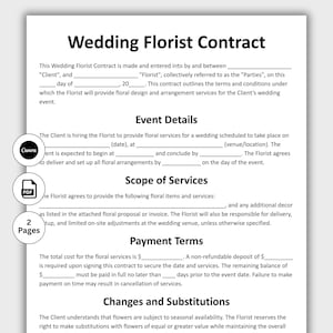Puede incluir: Un contrato de floristería de bodas. El contrato incluye secciones para los detalles del evento, el alcance de los servicios, los términos de pago y los cambios y sustituciones. El documento tiene un logotipo de Canva y PDF. El documento tiene dos páginas.