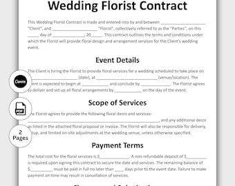 May include: A Wedding Florist Contract document with the title at the top. The contract includes sections for event details, scope of services, payment terms, and changes and substitutions. The document has a Canva and PDF logo.