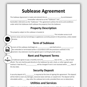 Könnte beinhalten: Ein Dokument zum Untermietvertrag mit dem Titel „Untermietvertrag“. Das Dokument enthält Abschnitte für die Objektbeschreibung, die Laufzeit des Untermietvertrags, Miet- und Zahlungsbedingungen, Kaution sowie Versorgung und Dienstleistungen. Es hat Canva- und PDF-Logos.