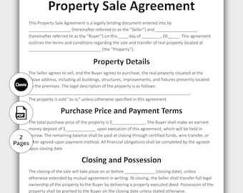 May include: A Property Sale Agreement template. The document includes sections for property details, purchase price, payment terms, closing, possession, and title conditions. The document is designed in a clean, professional style.