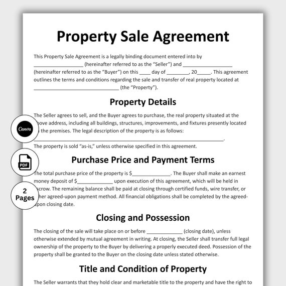 Property Sale Agreement, Customizable Purchase Agreement Form Template, Printable Contract of Sales, Purchase Business, Instant Download