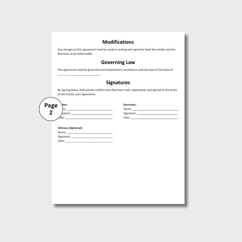 Pu&ograve; includere: Un documento bianco con i titoli "Modifiche", "Legge applicabile" e "Firme". Il documento include le linee di firma per il prestatore e il mutuatario, e il testo "Pagina 2" &egrave; visibile.