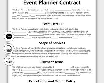 May include: Event Planner Contract document with sections for event details, scope of services, payment terms, and cancellation policy. Includes Canva and PDF icons, and indicates the document is 2 pages long. The contract template is for event planning services.