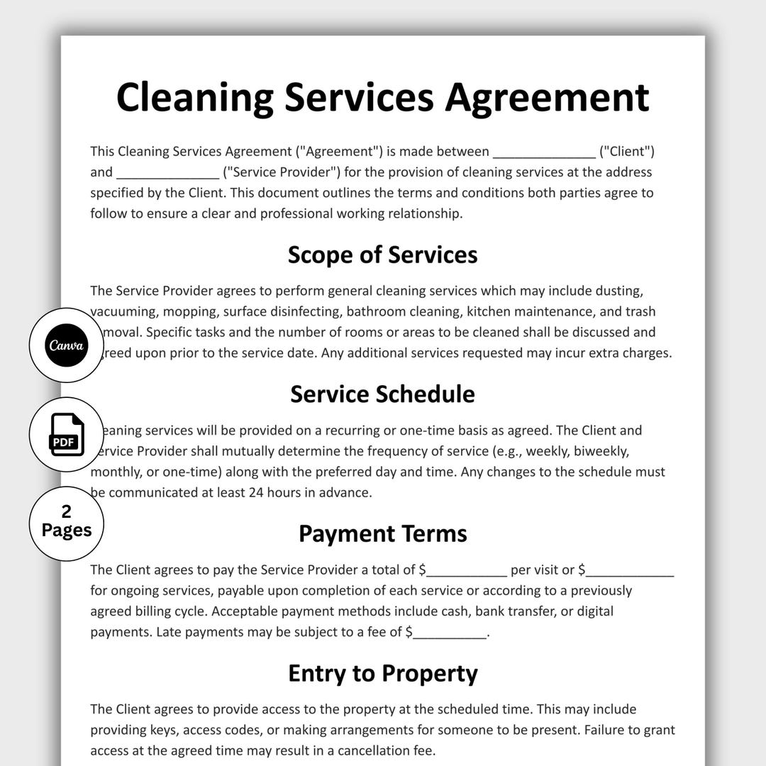 Cleaning Service Contract, Customizable Cleaning Business Form Template ...