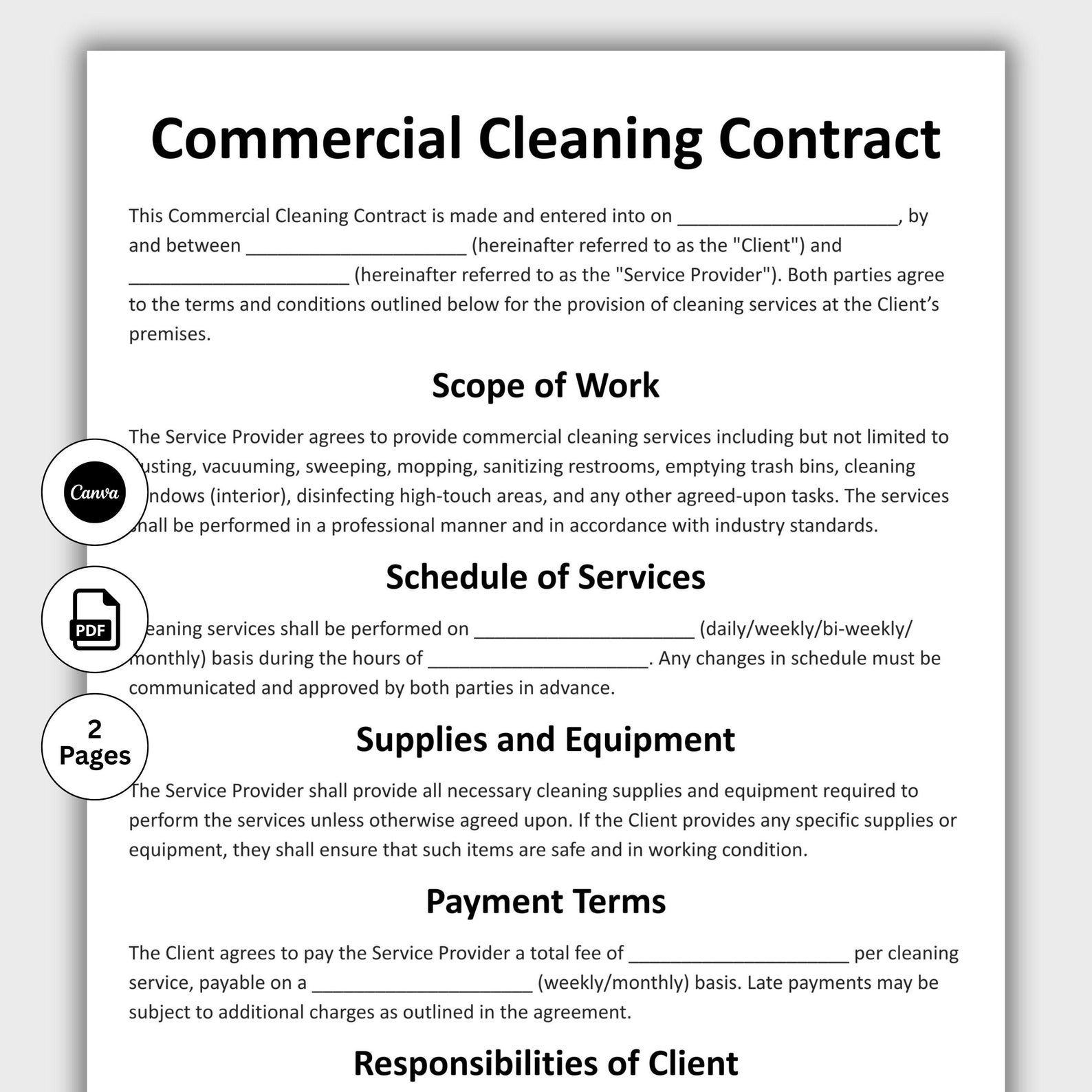 Commercial Cleaning Contract, Customizable Cleaning Agreement Form ...