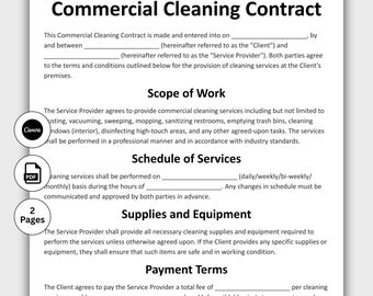 Contrat de nettoyage commercial, modèle de formulaire de contrat de nettoyage personnalisable, services de nettoyage de bureaux de conciergerie à imprimer