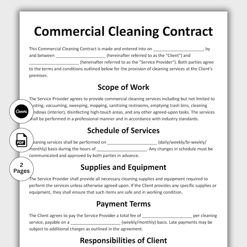 Commercial Cleaning Contract, Customizable Cleaning Agreement Form