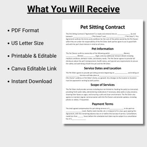 May include: A printable pet sitting contract template in PDF format, US Letter size, with a Canva editable link and instant download. The contract includes sections for pet information, service dates, scope of services, and payment terms.