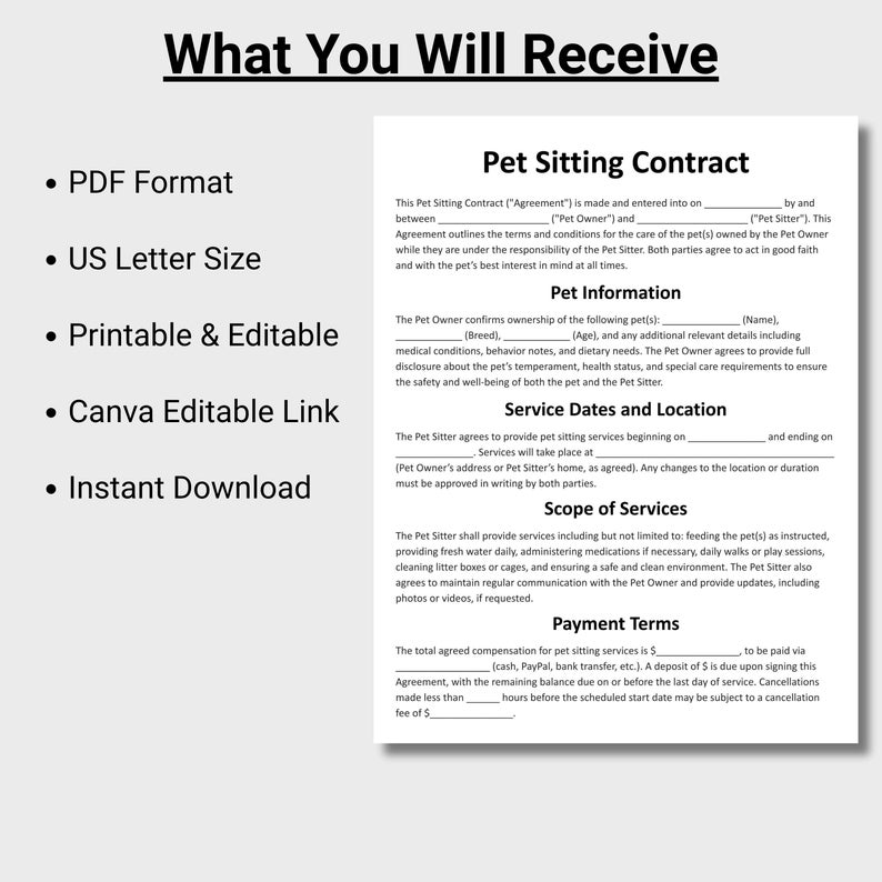 May include: A printable pet sitting contract template in PDF format, US Letter size, with a Canva editable link and instant download. The contract includes sections for pet information, service dates, scope of services, and payment terms.