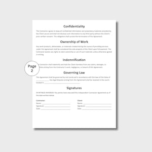 Pu&ograve; includere: Un documento bianco con testo contrattuale, comprese sezioni su "Riservatezza" e "Legge applicabile". Sono previsti spazi per firme e date. Il numero di pagina "2" &egrave; visibile.