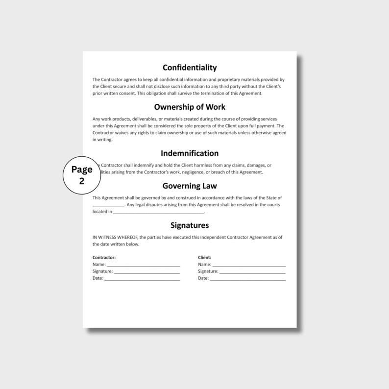 Pu&ograve; includere: Un documento bianco con testo contrattuale, comprese sezioni su "Riservatezza" e "Legge applicabile". Sono previsti spazi per firme e date. Il numero di pagina "2" &egrave; visibile.