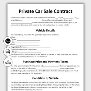 May include: A white Private Car Sale Contract template with black text. The document includes sections for vehicle details, purchase price, and payment terms. The Canva and PDF logos are visible, along with a '2 Pages' indicator.