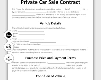 Private Car Sale Contract, Customizable Vehicle Bill of Sale Agreement Form Template, Printable Legal Used Car Purchase, Instant Download
