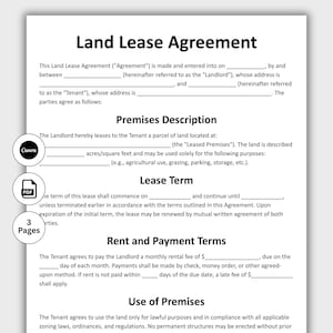 May include: A Land Lease Agreement document printed on white paper. The document includes sections for Premises Description, Lease Term, Rent and Payment Terms, and Use of Premises. The document is labelled as 3 Pages and includes Canva and PDF icons.