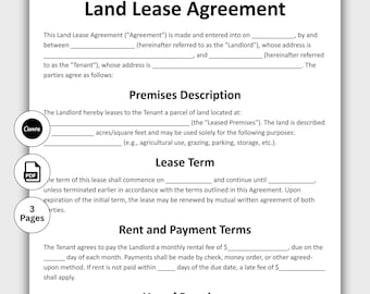 Land Lease Agreement, Customizable Land Rental Contract Form Template, Printable Digital Farming Lease, Farm Property Rental, Editable Canva