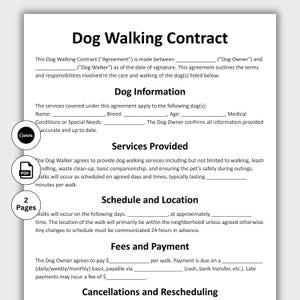 May include: A dog walking contract template with the title "Dog Walking Contract" at the top. The document includes sections for dog information, services provided, schedule, location, fees, and payment details. A Canva logo and a PDF icon are visible.