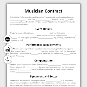 Musician Contract, Customizable Musician Collaboration Form Template, Printable Gig contract Partnership, Agreement, Editable in Canva