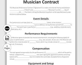 Musician Contract, Customizable Musician Collaboration Form Template, Printable Gig contract Partnership, Agreement, Editable in Canva