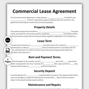 May include: Commercial Lease Agreement document. The document includes sections for property details, lease term, rent and payment terms, security deposit, and maintenance. The document is 3 pages long and created with Canva.