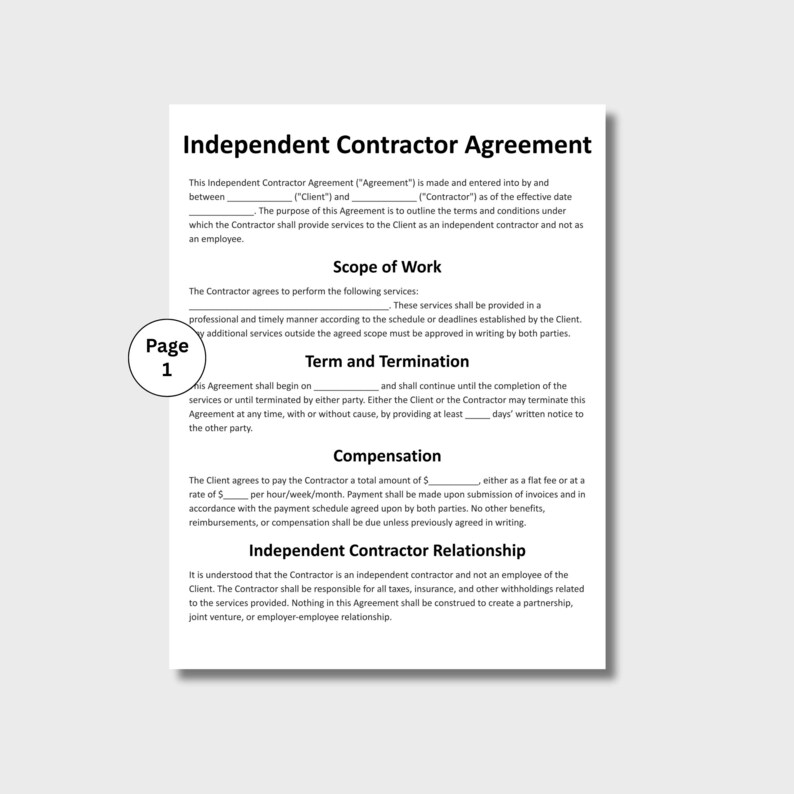 Pu&ograve; includere: Un documento bianco di Accordo per appaltatore indipendente con testo nero. Il documento include sezioni per Ambito del lavoro, Termine e risoluzione e Compenso. Il documento &egrave; etichettato "Pagina 1".