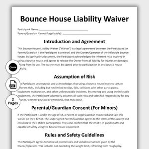 Bounce House Liability Waiver, Customizable Business Waiver Form Canva, Printable Rental consent form, Bounce Agreement, Instant Download