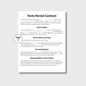 May include: A white Party Rental Contract on a white background. The contract includes sections for event details, rental items and fees, security deposit, and renter responsibilities. The document is labeled "Page 1".