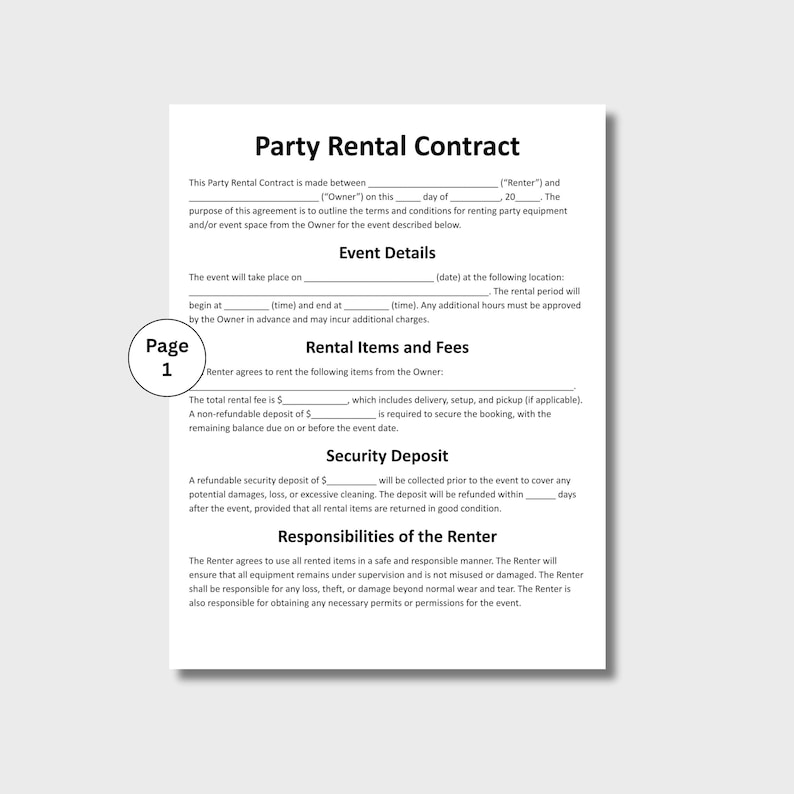 May include: A white Party Rental Contract on a white background. The contract includes sections for event details, rental items and fees, security deposit, and renter responsibilities. The document is labeled "Page 1".