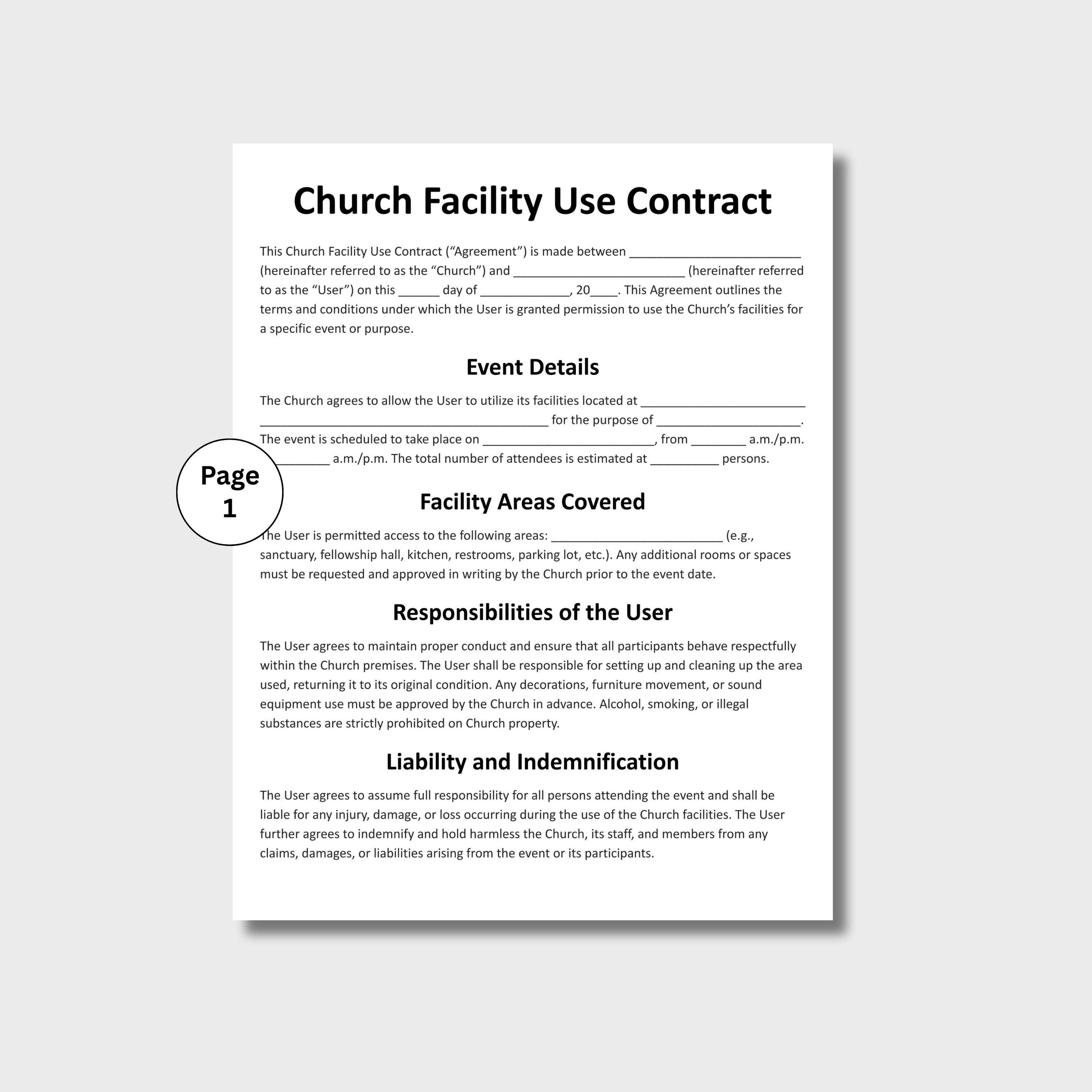 Church Facility Use Contract, Customizable Church Rental Agreement for