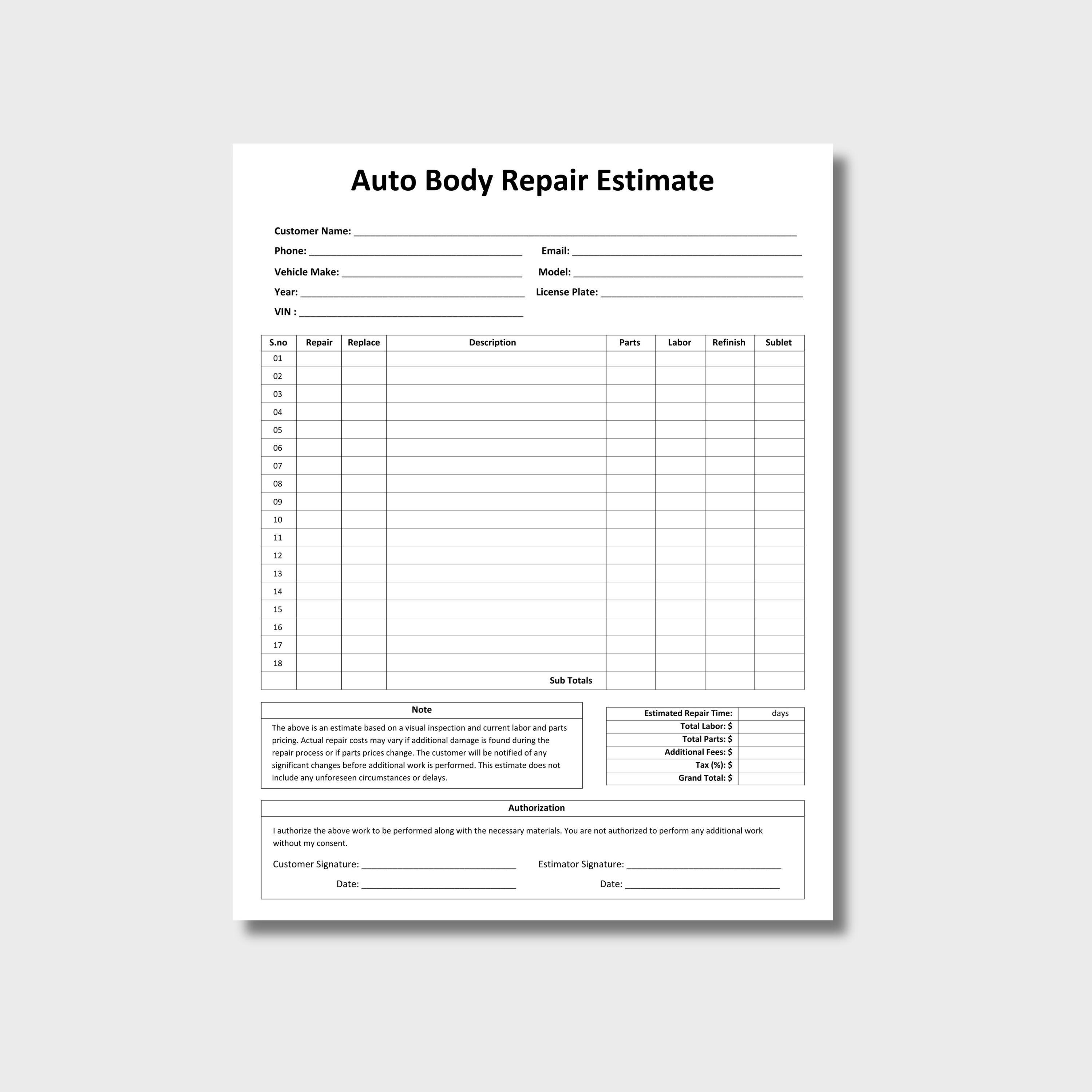 Auto Body Repair Estimate, Customizable Auto Repair Estimate, Mechanic ...