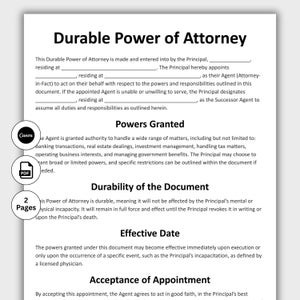 Durable Power of Attorney, Customizable POA Form Template, Printable Financial POA Agreement, General POA, Edit in Canva, Instant Download