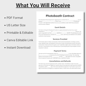 Puede incluir: Un modelo de contrato de fotomat&oacute;n en formato PDF, tama&ntilde;o US Letter, imprimible, editable y con un enlace editable de Canva. El contrato detalla los eventos, los servicios, los t&eacute;rminos de pago y las cancelaciones. Descarga instant&aacute;nea.