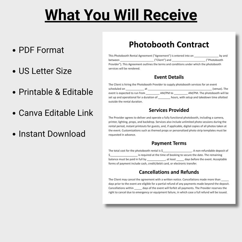 Puede incluir: Un modelo de contrato de fotomat&oacute;n en formato PDF, tama&ntilde;o US Letter, imprimible, editable y con un enlace editable de Canva. El contrato detalla los eventos, los servicios, los t&eacute;rminos de pago y las cancelaciones. Descarga instant&aacute;nea.