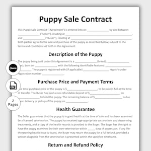 May include: A Puppy Sale Contract template on white paper. The document includes sections for agreement details, puppy description, purchase price, payment terms, health guarantee, and return policy. Includes Canva and PDF icons, and indicates 2 pages.