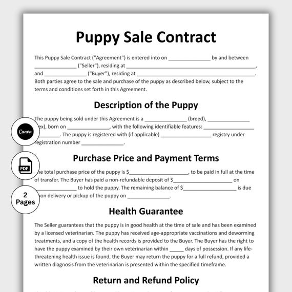 Puppy Sales Contract, Customizable Dog Sale Agreement Form Template, Puppy Purchase Agreement, Puppy Deposit Contract, Instant Download