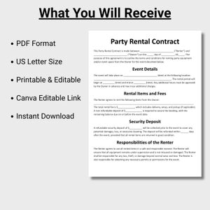 May include: A printable party rental contract template in PDF format, US Letter size, with a Canva editable link and instant download. The contract includes sections for event details, rental items, fees, and security deposit.