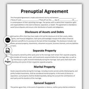 Prenuptial Agreement, Customizable Prenup Form Template, Printable Financial Disclosure, Premarital form, Antenuptial Contract, Digital