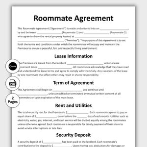 May include: A Roommate Agreement document with the title at the top. The document includes sections for Lease Information, Term of Agreement, Rent and Utilities, and Security Deposit. The document is two pages long and includes the Canva and PDF logos.