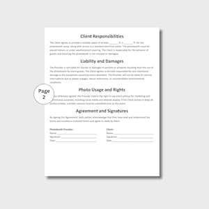 Puede incluir: Un documento blanco con texto que detalla las responsabilidades del cliente, la responsabilidad, el uso de fotos y los t&eacute;rminos del acuerdo. El documento incluye secciones para firmas y fechas, con un gr&aacute;fico circular 'P&aacute;gina 2' en la esquina.