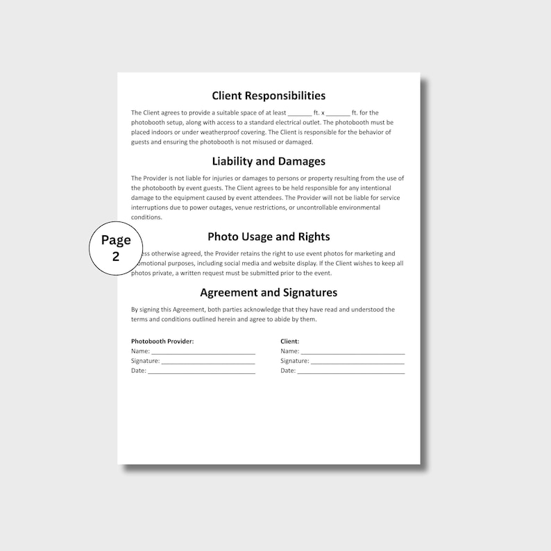 Puede incluir: Un documento blanco con texto que detalla las responsabilidades del cliente, la responsabilidad, el uso de fotos y los t&eacute;rminos del acuerdo. El documento incluye secciones para firmas y fechas, con un gr&aacute;fico circular 'P&aacute;gina 2' en la esquina.