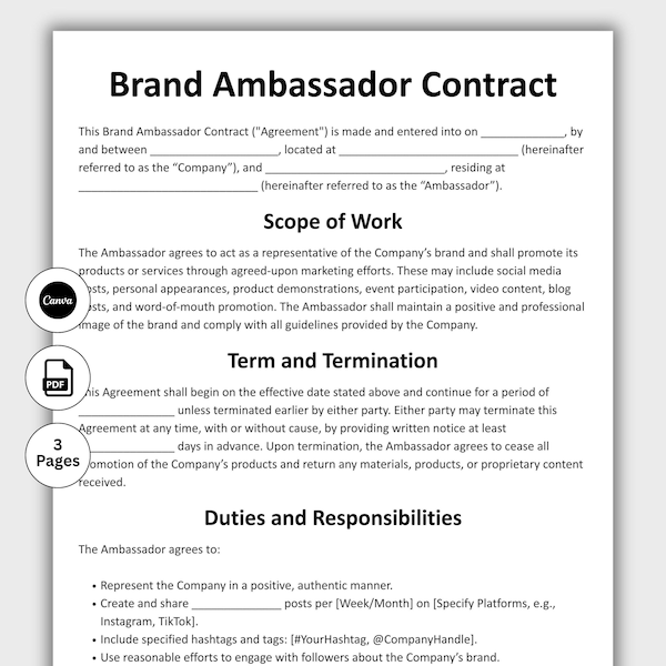 Brand Ambassador Contract, Customizable Social Media Agreement Form Template, Printable Collaboration Contract, Influencer Contract, Canva