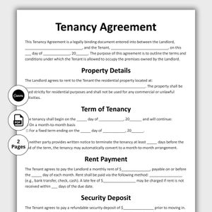May include: A white Tenancy Agreement document with black text, including sections for Property Details, Term of Tenancy, Rent Payment, and Security Deposit. The document includes a Canva logo and a PDF icon.