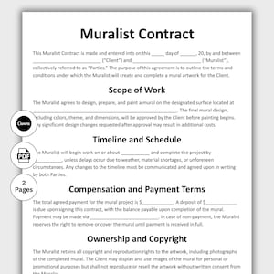 May include: A printed "Muralist Contract" document. The contract includes sections for scope of work, timeline, compensation, and ownership. The document has a Canva logo, a PDF icon, and indicates "2 Pages".