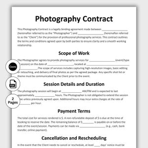 May include: A white and black Photography Contract template with sections for Scope of Work, Session Details, Payment Terms, and Cancellation. The document includes fields for event details and photographer/client information. The Canva and PDF icons are visible.